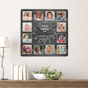 Black Wood Family Name Quote Farmhouse 12 Photo Square Wall Clock