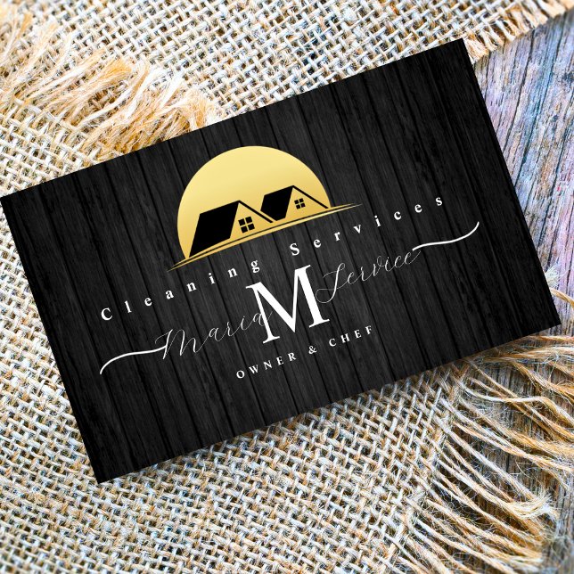 black wood golden house design cleaning service  business card (Creator Uploaded)