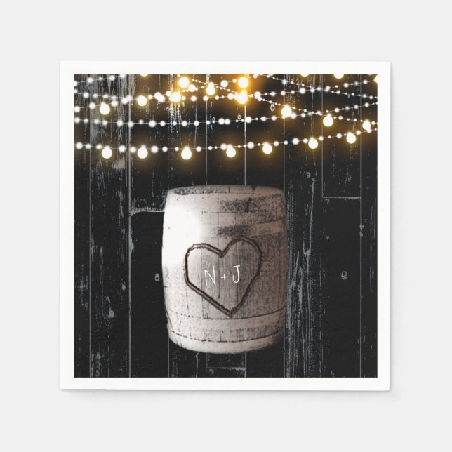 Black Wood String Lights & Barrel Rustic Wedding Napkin (Front)