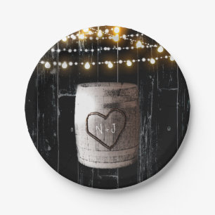 Black Wood String Lights & Barrel Rustic Wedding Paper Plate