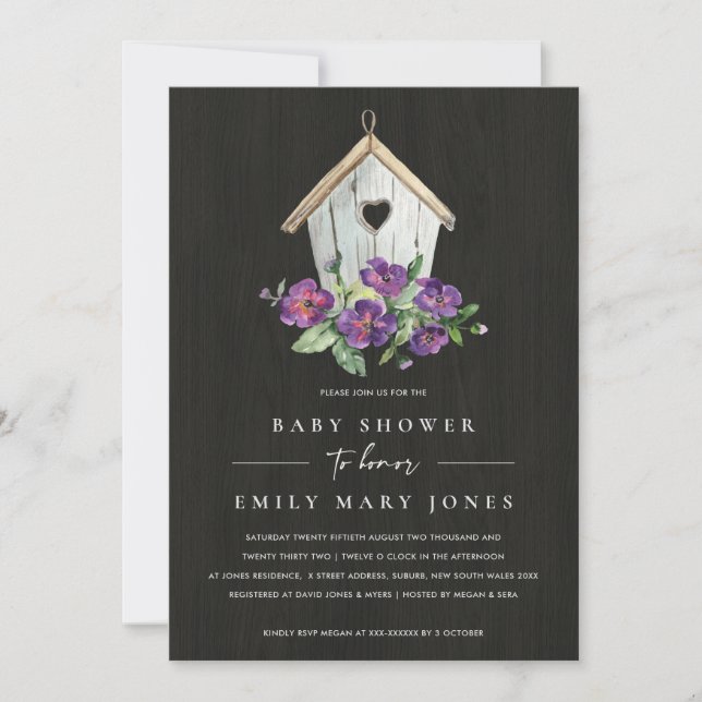 BLACK WOODEN RUSTIC FLORAL BIRDHOUSE BABY SHOWER INVITATION (Front)