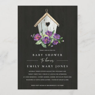 BLACK WOODEN RUSTIC FLORAL BIRDHOUSE BABY SHOWER INVITATION
