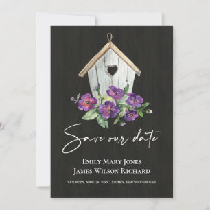 BLACK WOODEN RUSTIC PURPLE FLORAL BIRDHOUSE SAVE THE DATE