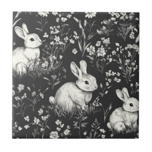 Black Woodland Bunny Botanical Pattern Ceramic Tile