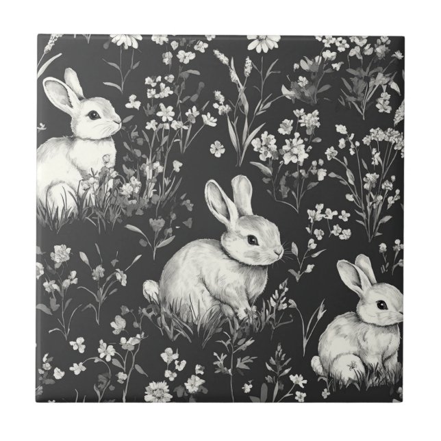 Black Woodland Bunny Botanical Pattern Ceramic Tile (Front)
