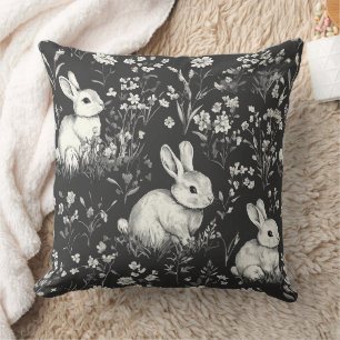 Black Woodland Bunny Botanical Pattern Cushion