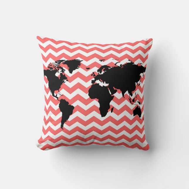 black world map / coral chevron cushion (Front)