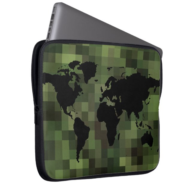 black world map ~ green pixels laptop sleeve (Front Right)