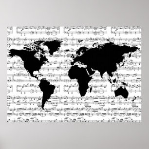 black world map with musical notes poster