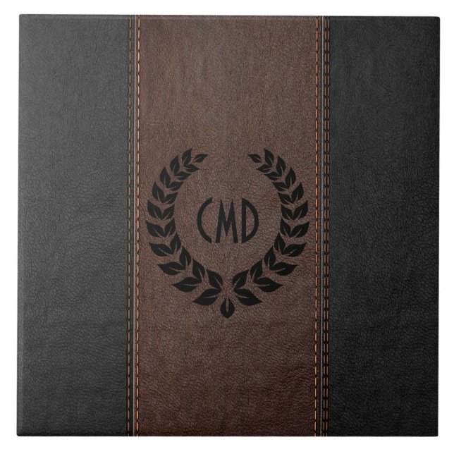 Black Wreath Brown And Black Stitched Leather Ceramic Tile (Front)