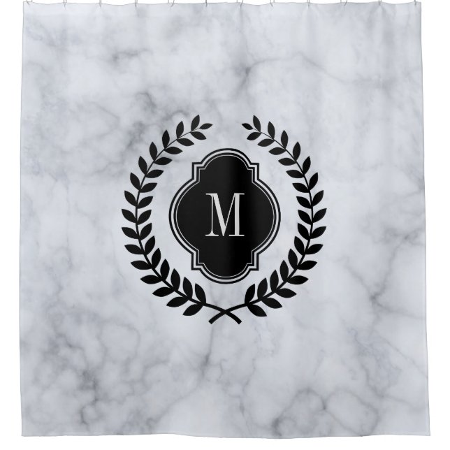 Black Wreath Crest & Grey Marble Stone Texture Shower Curtain (Front)