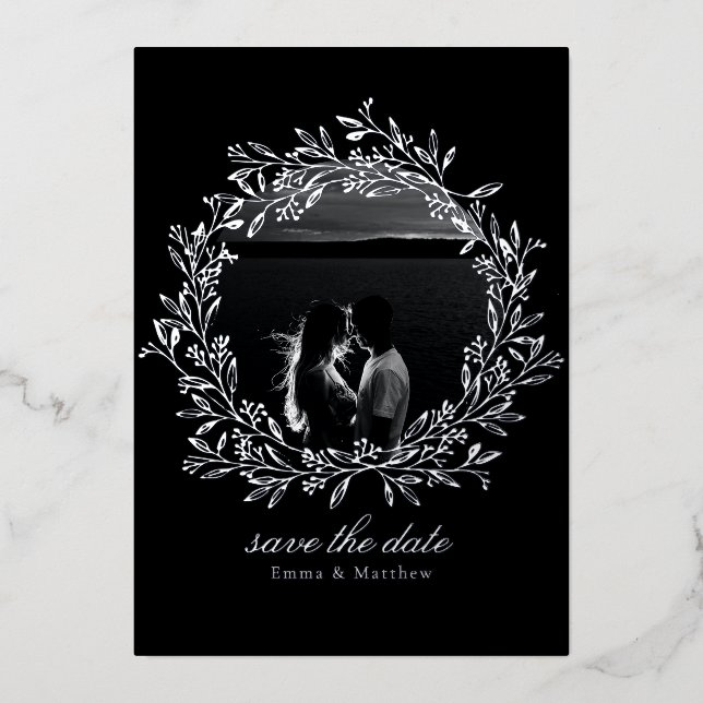 Black Wreath Elegant Photo & QR Save the Date (Front)