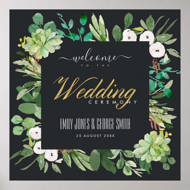 BLACK WREATH FOLIAGE WATERCOLOR WEDDING WELCOME POSTER (Front)