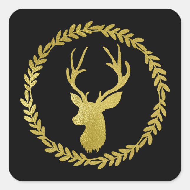 Black Wreath Gold Deer Christmas Square Sticker (Front)