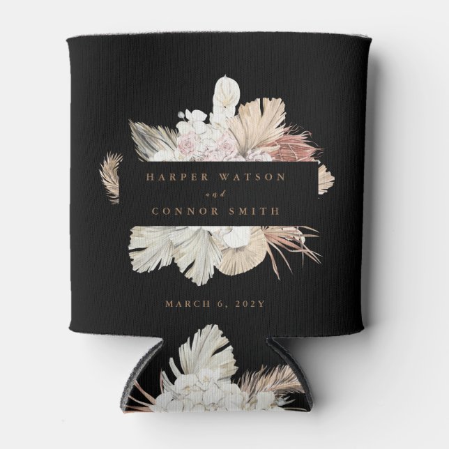 Black Wreath Pampas Grass Wedding Can Cooler (Front)