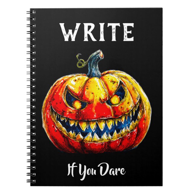 Black Write if you dare Halloween Smiling Pumpkin Notebook (Front)