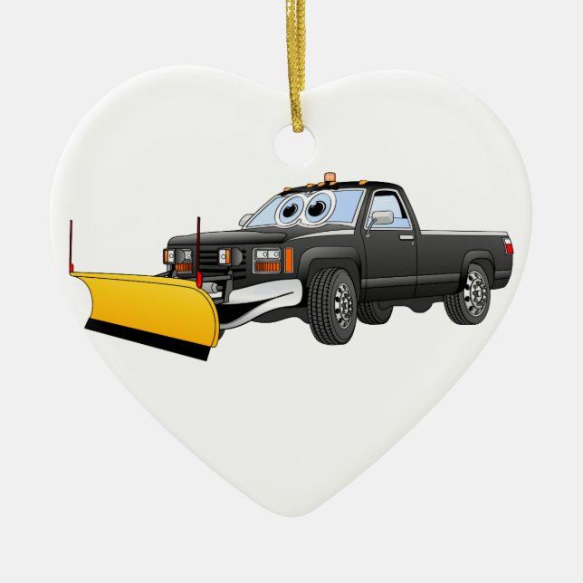 Black Y Pick Up Truck Snow Plough Cartoon Ceramic Ornament (Front)