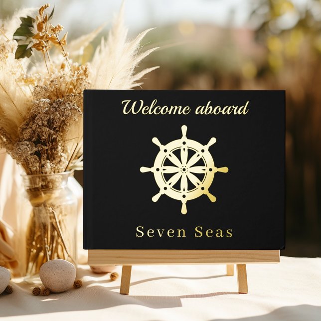 Black yacht boat name gold steering wheel guest book (Creator Uploaded)