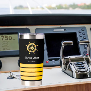 Black yacht boat name gold steering wheel stripes insulated tumbler