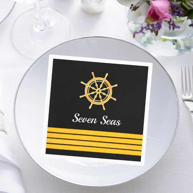 Black yacht boat name gold steering wheel stripes napkin (Creator Uploaded)