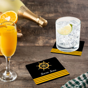 Black yacht boat name gold steering wheel stripes square paper coaster
