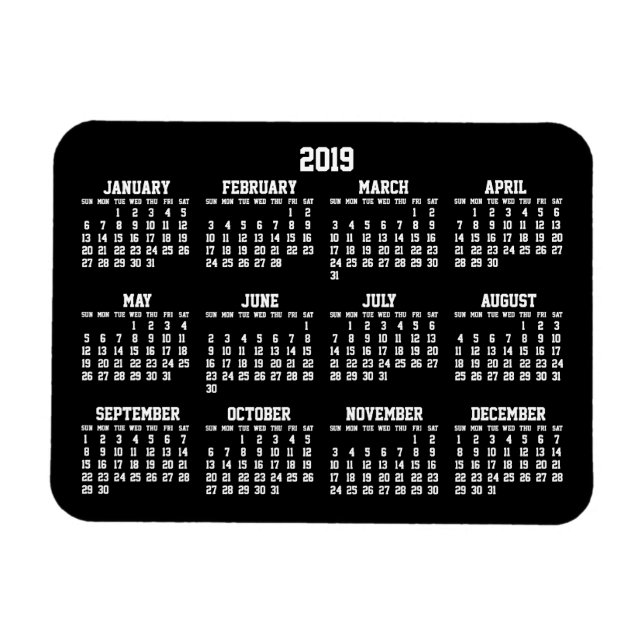 Black Yearly Calendar 2019 Small Flexible Magnets (Horizontal)