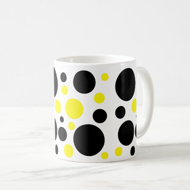 Black Yellow Abstract Circles Dots Coffee Mug (Front Right)