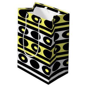 Black, Yellow and White Polka Dots and Stripes Medium Gift Bag