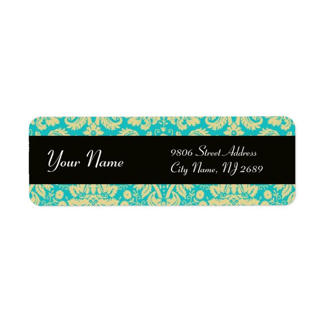 BLACK YELLOW AQUA BLUE TEAL DAMASK RETURN ADDRESS LABEL (Front)