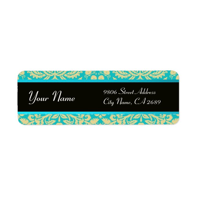 BLACK YELLOW AQUA BLUE TEAL DAMASK RETURN ADDRESS LABEL (Front)