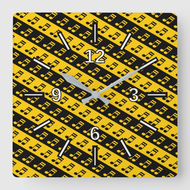 Black & Yellow Beamed Sixteenth Notes Pattern Square Wall Clock (Front)