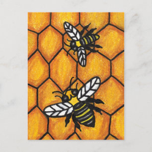 Black Yellow Bees White Wings on Golden Honeycomb Postcard