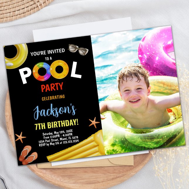 Black Yellow Blue Photo Pool Birthday Invitations (Black Yellow Blue Photo Pool Birthday Invitations)