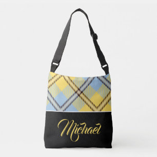 Black Yellow Blue Plaid Tartan Personalised Name Crossbody Bag