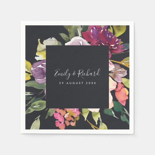 BLACK YELLOW BLUSH BURGUNDY FLORAL BUNCH WEDDING NAPKIN (Front)