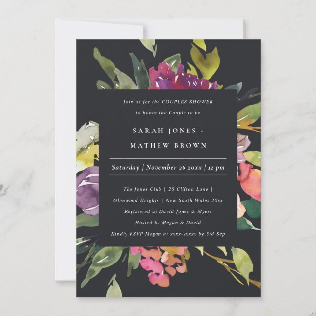 BLACK YELLOW BLUSH BURGUNDY FLORAL COUPLES SHOWER INVITATION (Front)