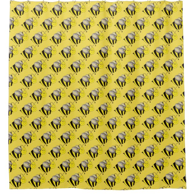 Black Yellow Cartoon Bee Bumblebee Honeybee Shower Curtain (Front)