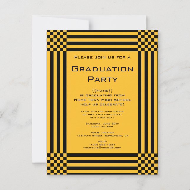 Black Yellow Checkers Stripes Graduation Party Invitation (Front)