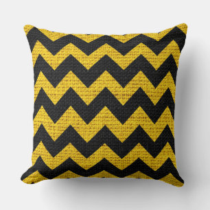 Black & Yellow Chevron Pattern Burlap Rustic Jute Cushion