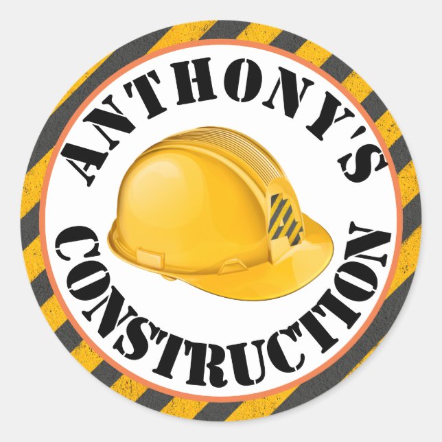 Black & Yellow Construction Hard Hat 4th Birthday Classic Round Sticker (Front)