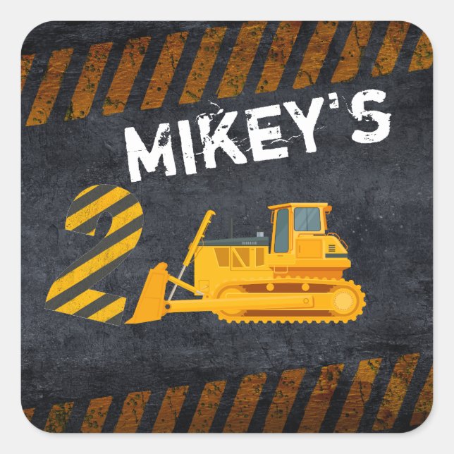 Black & Yellow Construction Vehicle| 2nd Birthday Square Sticker (Front)