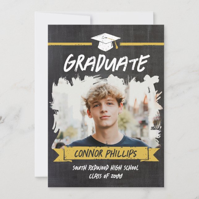 Black Yellow Cool Chalk Photo Graduation Party Invitation (Front)