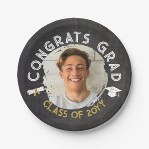 Black Yellow Cool Chalk Photos Congrats Grad Paper Plate