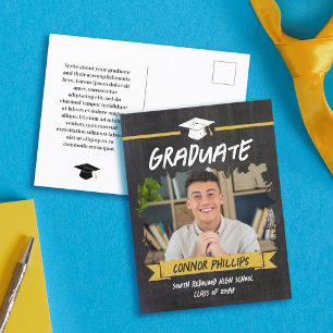 Black Yellow Cool Chalkboard Photo Graduation Announcement Postcard