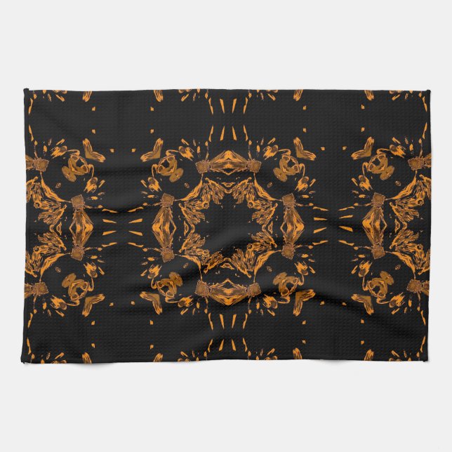 Black, Yellow copper Floral Damasks Retro Pattern Tea Towel (Horizontal)