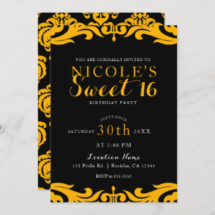 Black & Yellow Damask Chic Elegant Sweet 16 Party Invitation