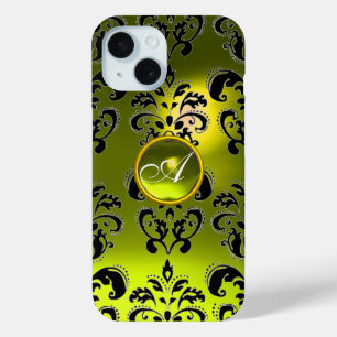 BLACK YELLOW DAMASK GEM MONOGRAM iPhone 15 CASE