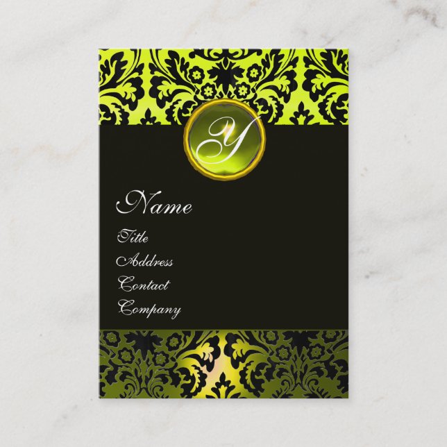BLACK YELLOW DAMASK MONOGRAM ,Topaz Business Card (Front)