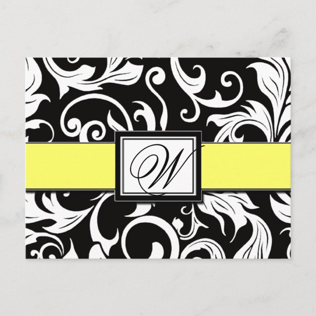 Black & Yellow Damask Wedding Save the Dates Announcement Postcard (Front)