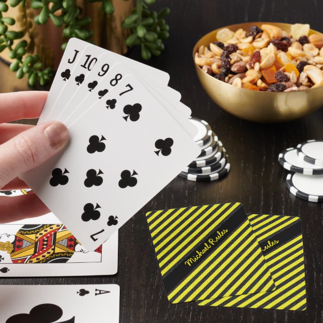 Black Yellow Faux Glitter Diagonal Stripes Name Playing Cards (In Situ)